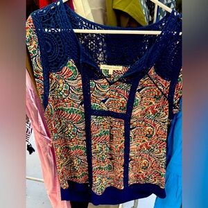 Daniel Rainn Blue and Multicolor Crochet Blouse